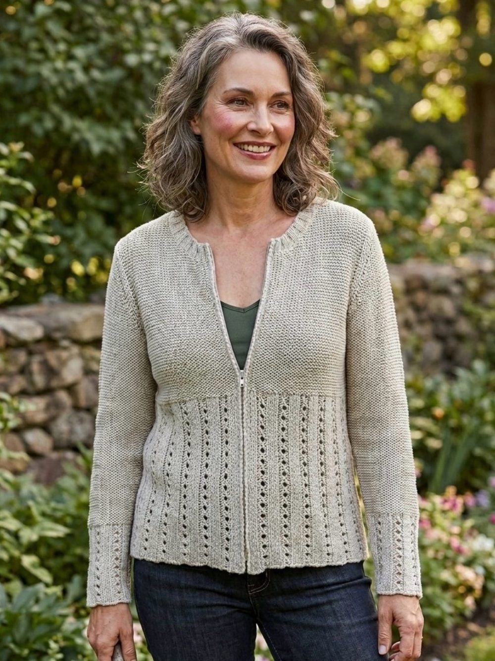 Rem Garson Beige Knit Zip Cardigan